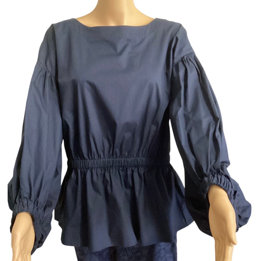 Banana Republic Navy Blue‎ bishop Sleeve Peplum Blouse Cinched Waist Top size L
